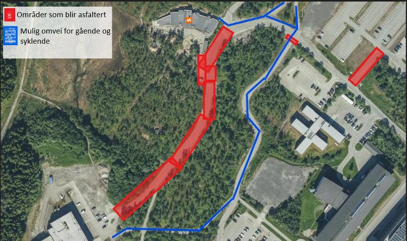 2025-09-25 veiarbeid 1.jpg Bildet viser et oversiktsbilde av campus Breivika hvor trasséer som asfalteres og alternative ruter for gående og syklende er markert.